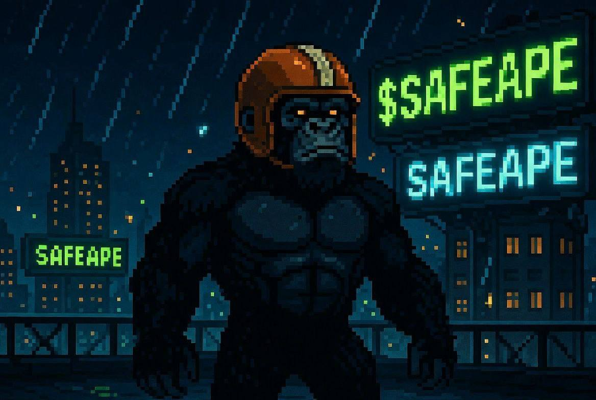$SAFEAPE cryptid — pixel art rendering with neon signs
